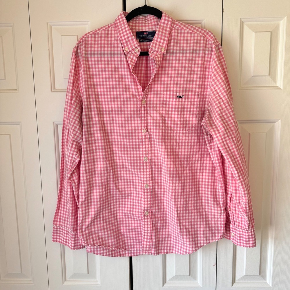 Vineyard Vines Mens Slim Fit Tucker Shirt Pink White Gingham‎ Cotton Long Sleeve
